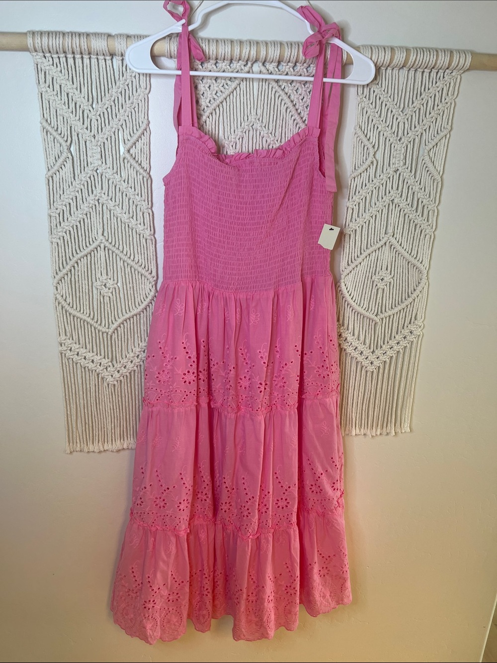 Francesca's Collections Pink Tiered Eyelet Midi Sundress